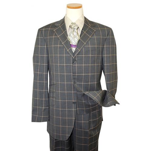 Steve Harvey Collection Dark Grey With Eggshell Windowpane Super 120's Merino Wool Vested Suit